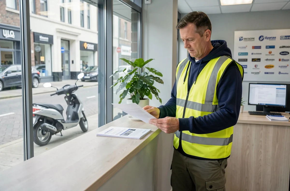 Homme adulte examinant des documents d'assurance moto au comptoir d'une agence avec un scooter 50cc visible par la vitrine