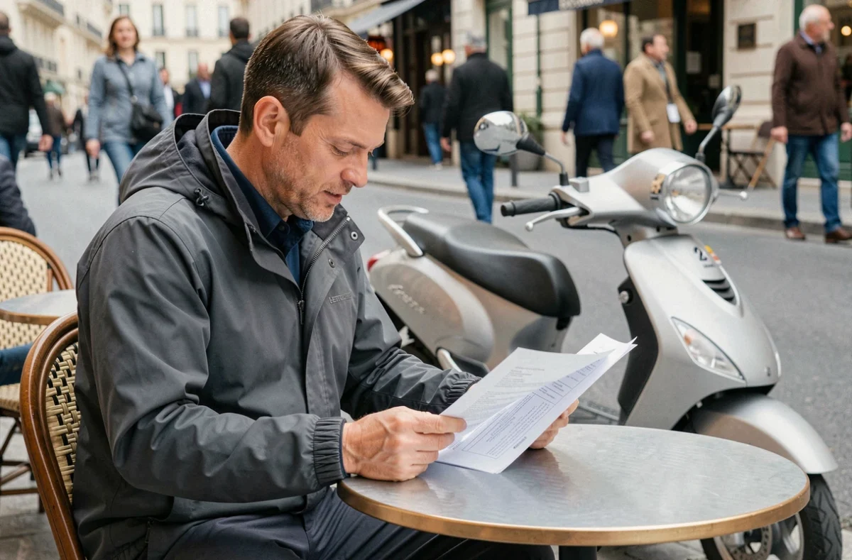 Homme consultant un document d'assurance pour scooter 50cc sans permis en terrasse de café urbain