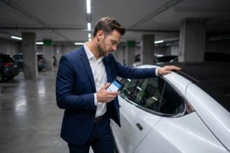 Homme en costume marine consultant une application d'assurance sur smartphone à côté d'une voiture électrique haut de gamme dans un parking moderne