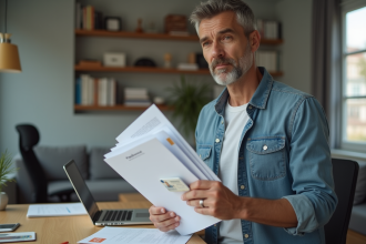 Homme d'âge moyen tenant ses documents et carte d'identité