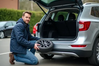Homme en jeans change une roue de voiture dans un parking