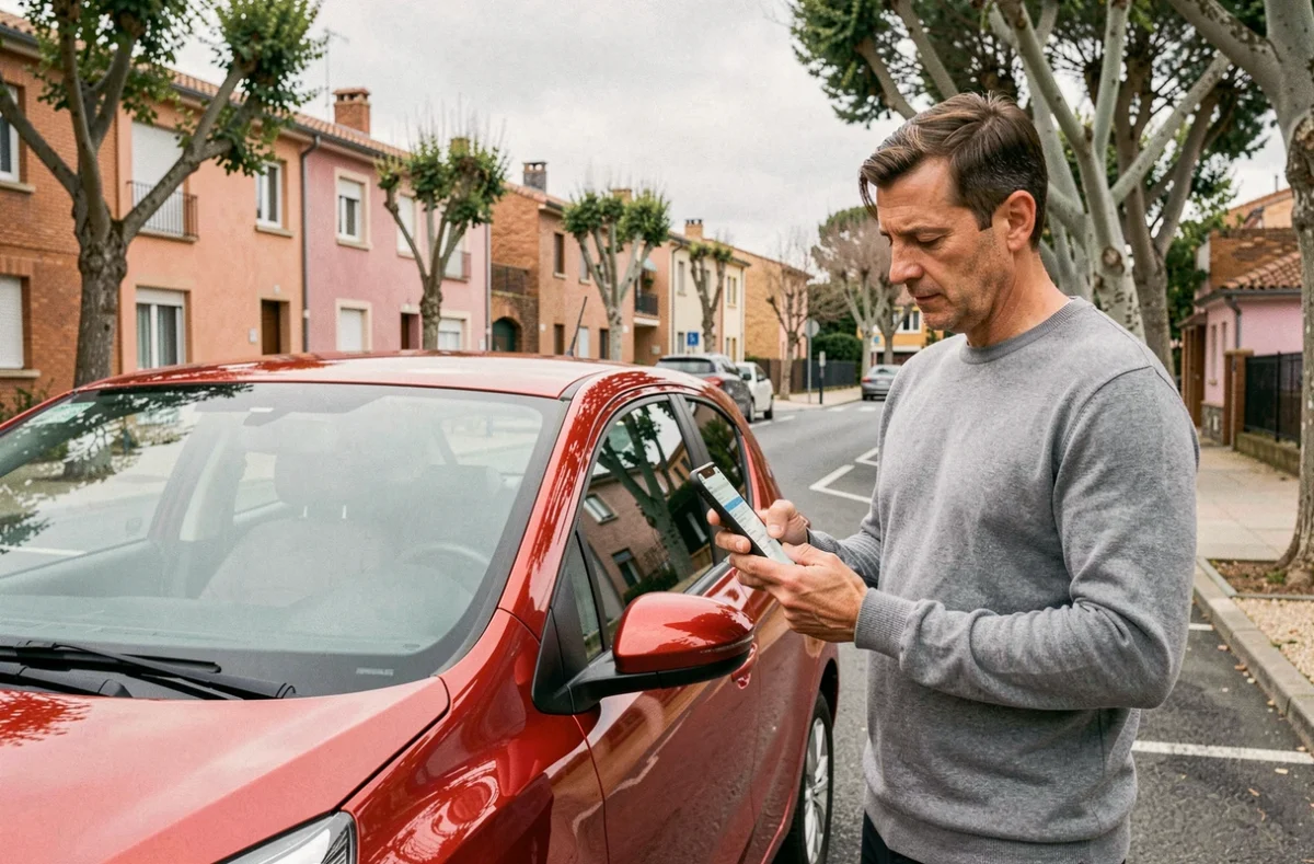 Homme comparant des assurances auto sur smartphone près de sa voiture à Toulouse