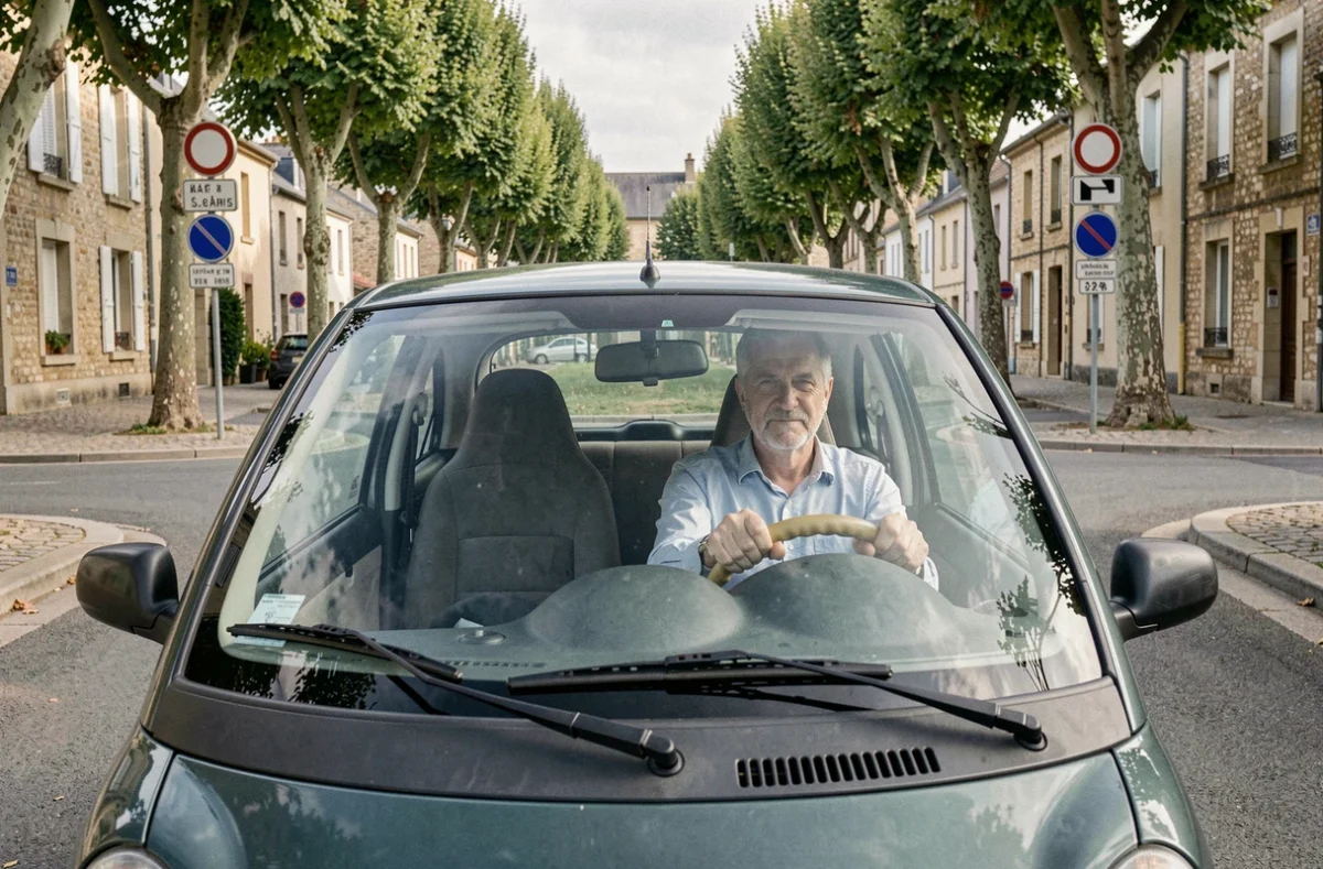 Homme d'âge mûr conduisant une voiturette sans permis dans le centre-ville de Brive-la-Gaillarde