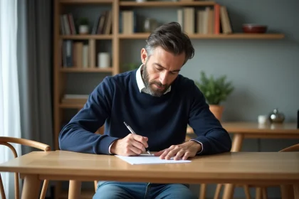 Homme d'âge moyen remplissant des papiers dans un intérieur moderne
