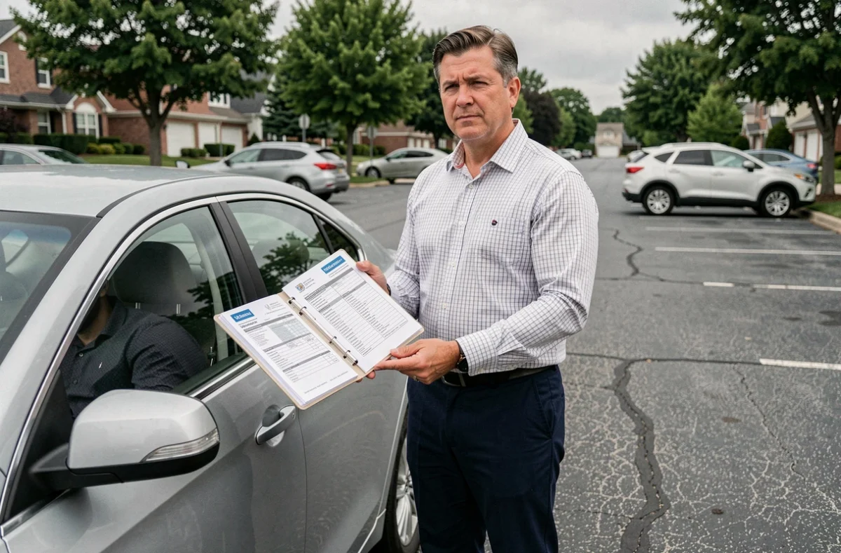 Homme debout près de sa voiture consultant ses documents d'historique d'assurance pour obtenir un meilleur devis