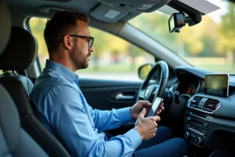 Homme en voiture entrant un code sur la radio moderne