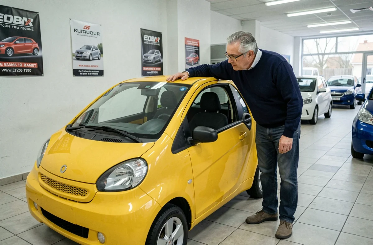 Homme examinant une voiture sans permis dans un showroom de concessionnaire spécialisé