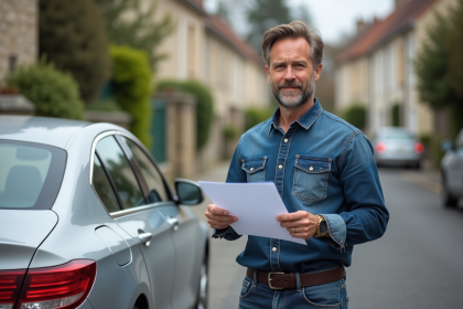 Homme français avec documents près de sa voiture dans un quartier