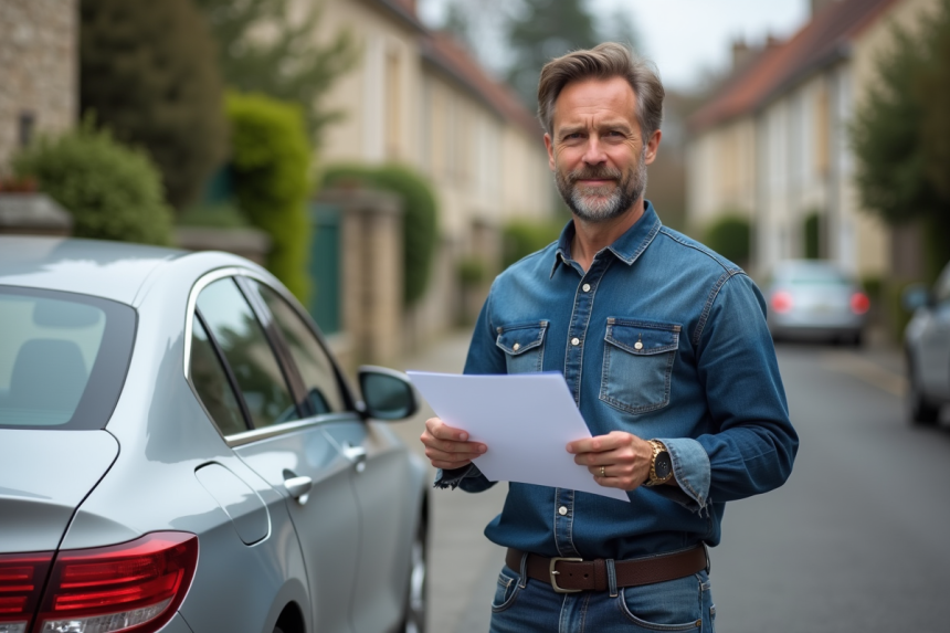 Homme français avec documents près de sa voiture dans un quartier