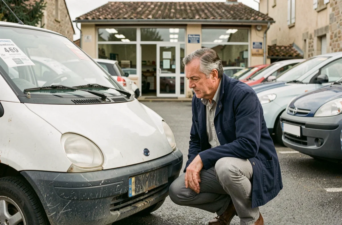 Homme inspectant une Chatenet d'occasion dans un concessionnaire de voitures sans permis