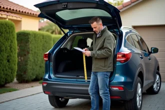 Homme mesurant l'espace de coffre d'un SUV compact