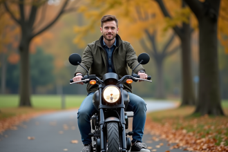 Jeune homme sur moto 125cc en parc automnal