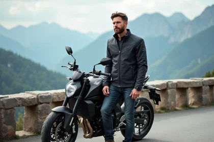 Homme confiant en veste moto moderne au mont blanc