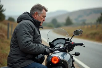 Homme en équipement moto examinant l'odomètre en campagne