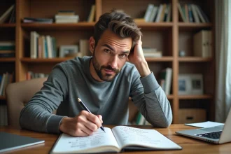 Homme consultant ses notes sur les marques de voiture en X pour préparer un examen ou un quiz