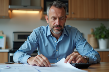 Homme en chemise bleue examine papiers de voiture à la maison