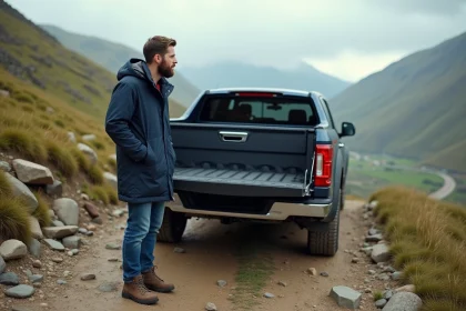 Homme en parka examine un pickup en pleine nature