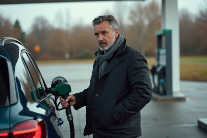 Homme d'âge moyen faisant le plein de diesel à une station moderne