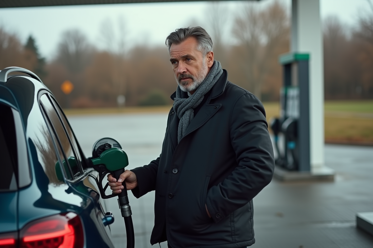 Homme d'âge moyen faisant le plein de diesel à une station moderne