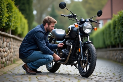 Homme en jeans et veste bleue répare une moto Dax ST 125