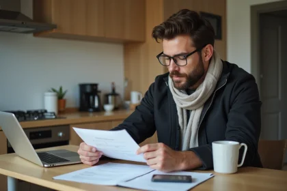Homme détendu examinant documents d'assurance à la maison