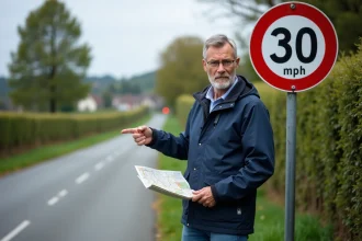 Homme d'âge moyen pointant vers un panneau 30 mph en campagne