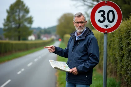 Homme d'âge moyen pointant vers un panneau 30 mph en campagne