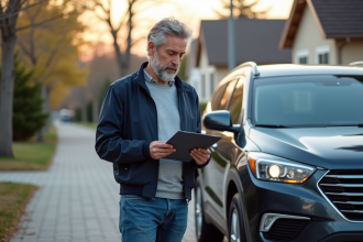 Homme d'âge moyen examine un SUV familial dans une rue résidentielle