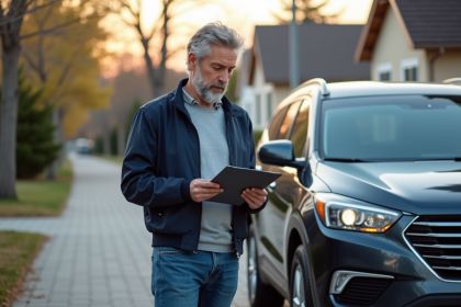 Homme d'âge moyen examine un SUV familial dans une rue résidentielle