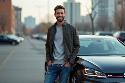 Homme souriant avec une GTI moderne en ville