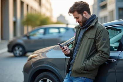 Homme vérifiant les actualités automobiles avec son smartphone devant sa voiture en ville