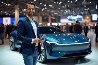 Homme souriant avec brochure devant voiture concept à Paris