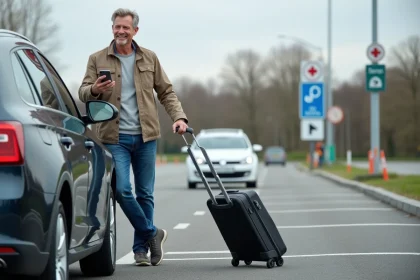Homme souriant avec valise et téléphone au parking de covoiturage