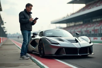 Homme en veste motorsport avec supercar sur circuit