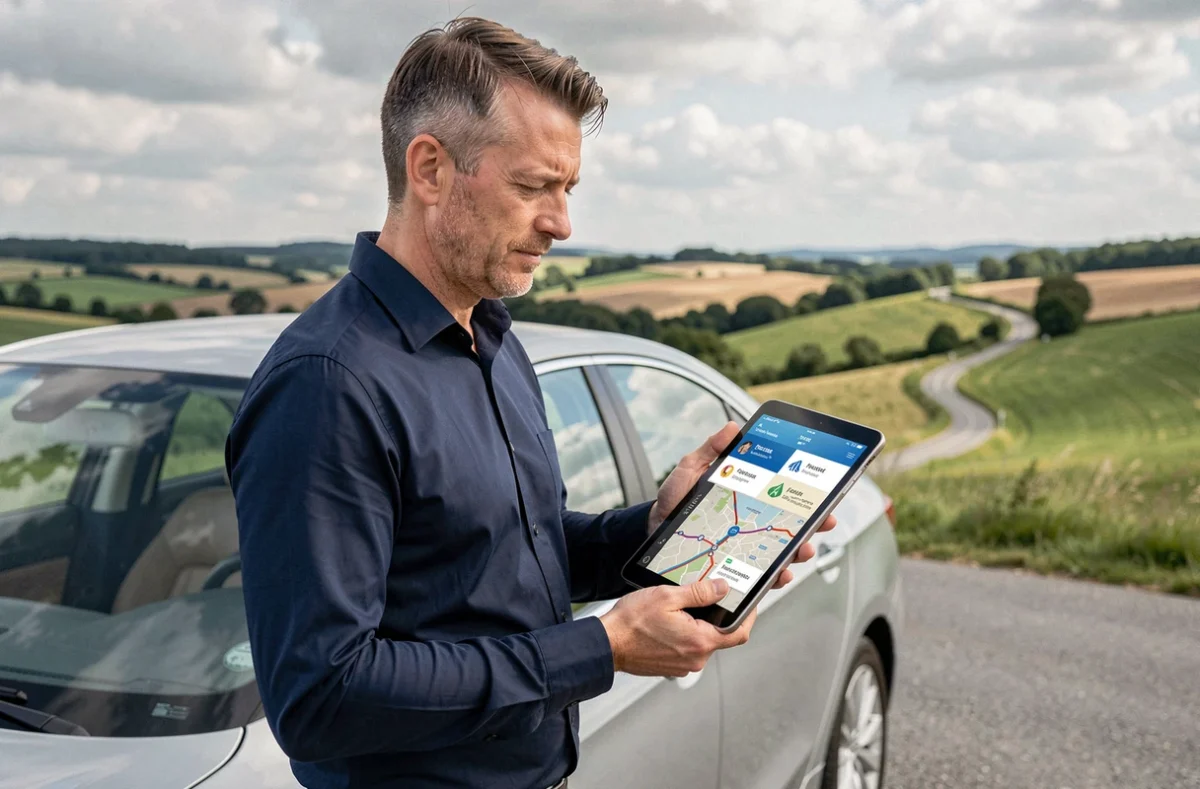 Homme utilisant une tablette pour comparer des itinéraires éco et rapides sur Mappy en région rurale française