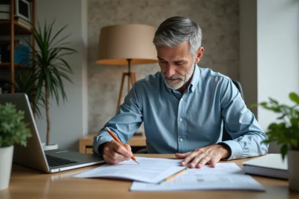 Homme d'âge moyen vérifiant une checklist de permis au bureau