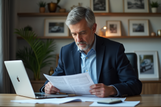 Homme vérifiant son document de véhicule à son bureau