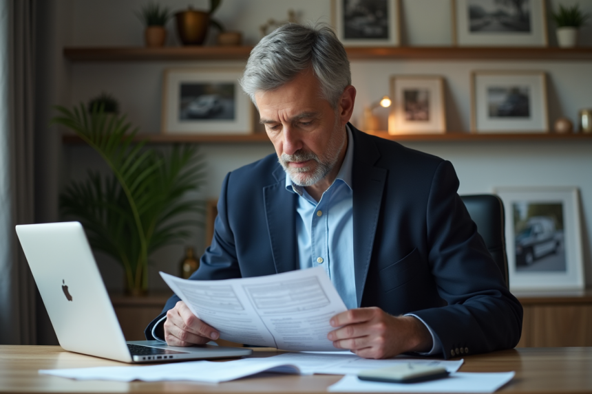 Homme vérifiant son document de véhicule à son bureau