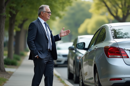 Homme d'âge moyen examinant une voiture endommagée