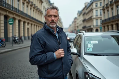 Homme examinant une vignette de zone basses émissions sur sa voiture à Bruxelles devant une signalisation LEZ