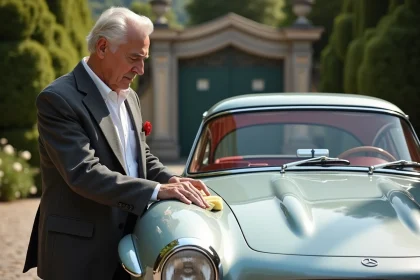 Homme argenté polissant une Mercedes 300 SL vintage