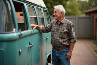 Homme âgé avec van vintage des années 70 en extérieur