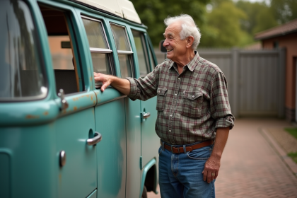 Homme âgé avec van vintage des années 70 en extérieur