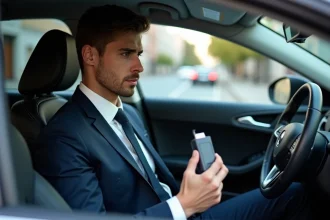 Jeune homme en voiture avec alcootest en main