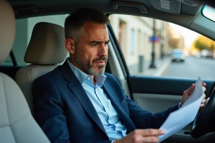 Homme d age moyen lit une lettre d assurance auto dans sa voiture