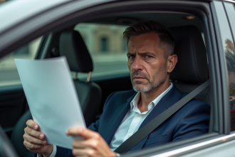 Homme en costume regardant un document dans la voiture