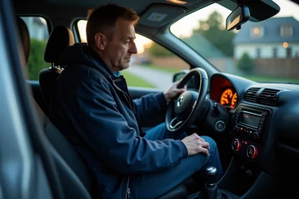 Homme d'âge moyen dans une Clio 2 examine le tableau de bord