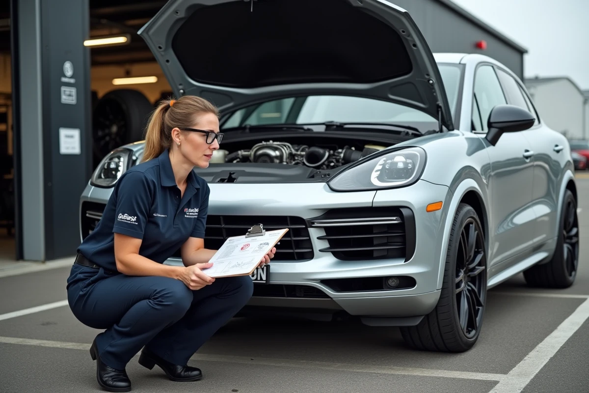 Ingénieure automobile analysant les données de puissance d'un Porsche Cayenne S préparé sur circuit privé