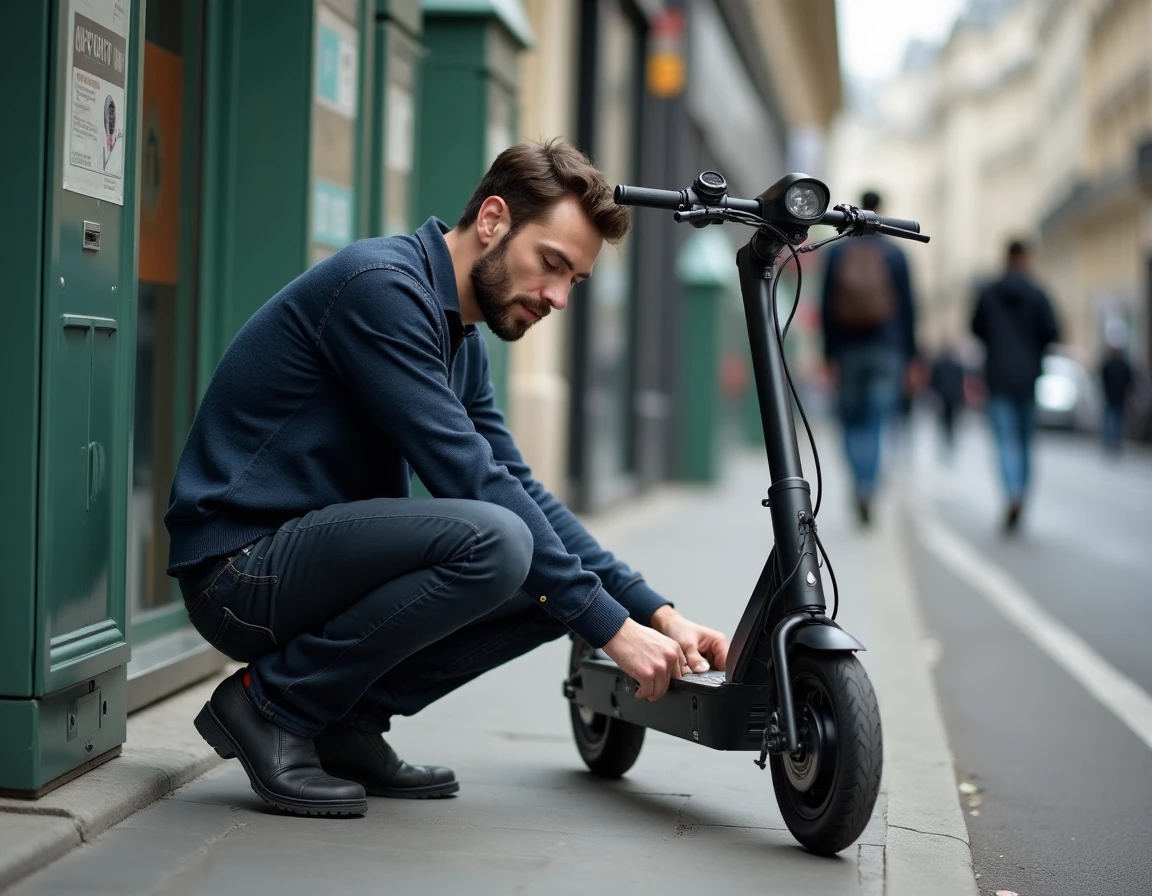 Homme inspectant l'état d'une trottinette en libre-service avant location à Paris