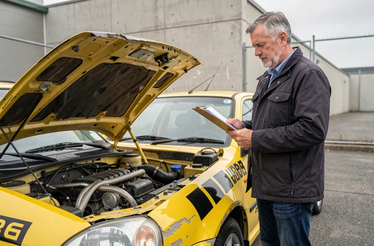 Acheteur examinant une voiture de rally d'occasion à vendre dans une cour industrielle